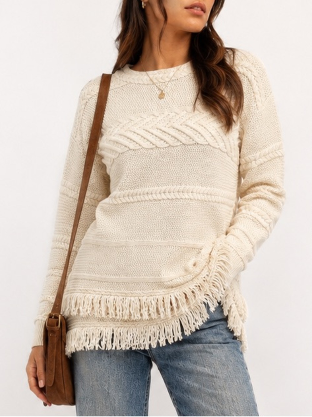 Ann Taylor Factory Ivory Fringe Cable Knit Sweater Medium Western Boho Coastal